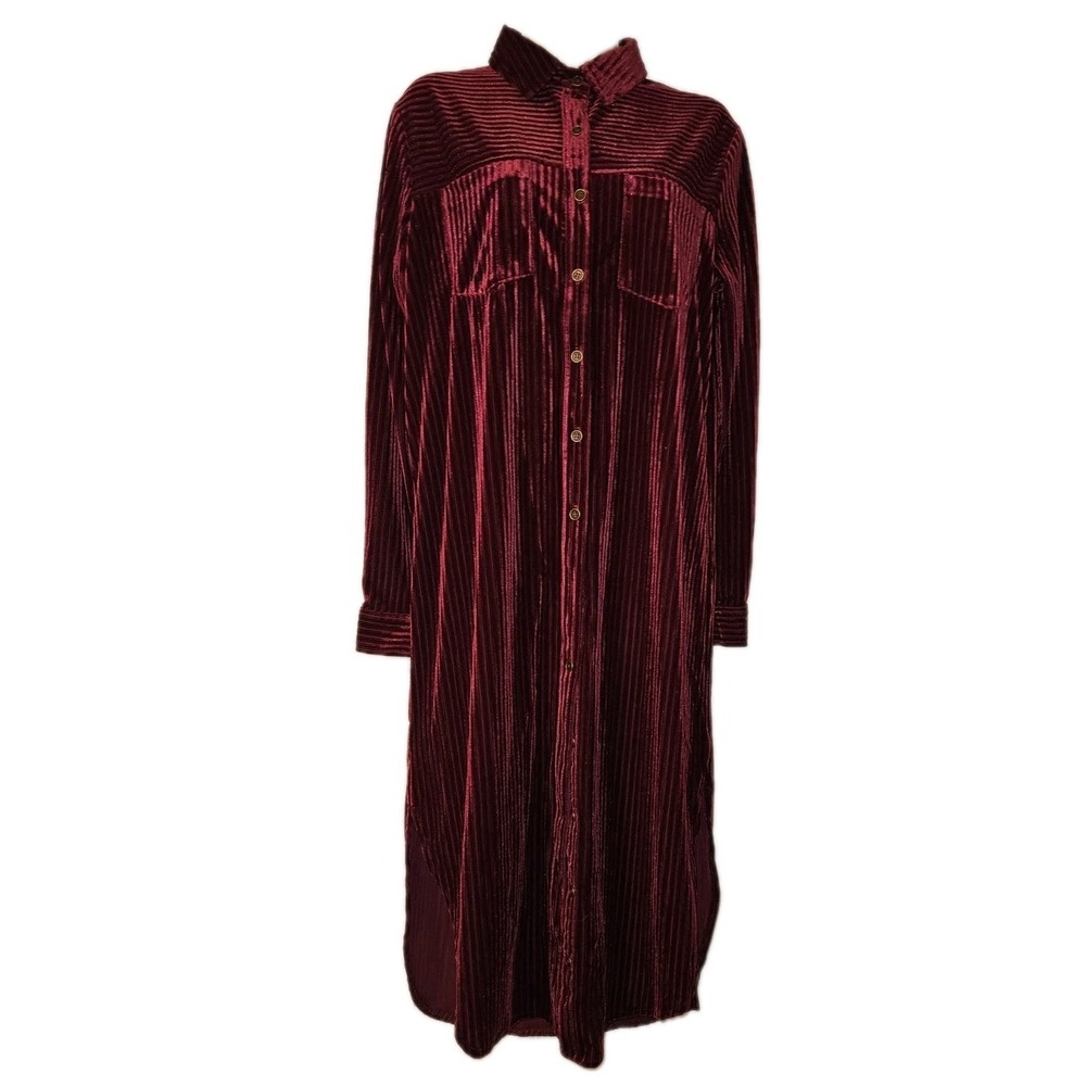 Umgee Womens S Velvet Ribbed Button Front Shirt Dress Red‎ Midi Boho Flowy NWT